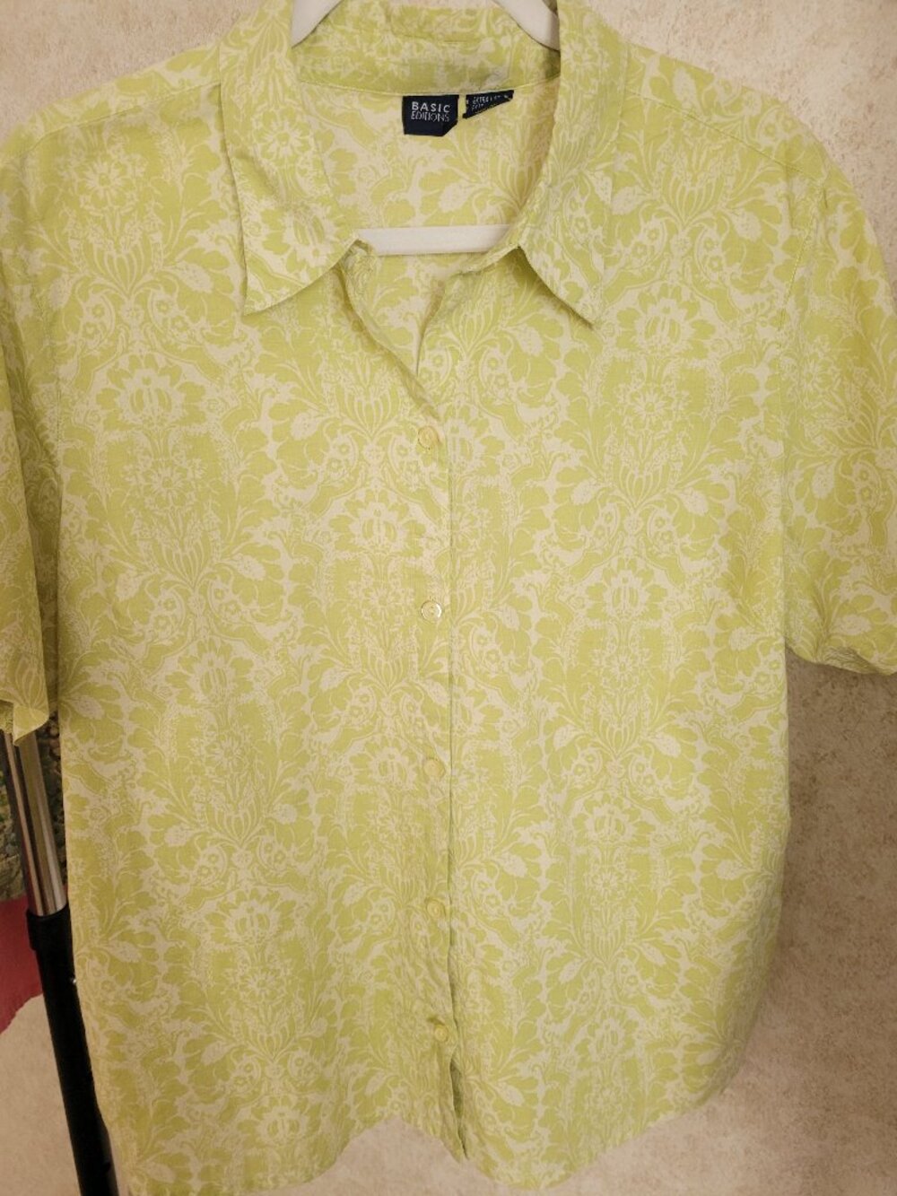 Lime Green Floral Button Shirt Womens Short Sleeve Basic Editions Size XL